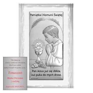 Strieborný obrázok Prvé sväté prijímanie chlapec 15,5x25 cm